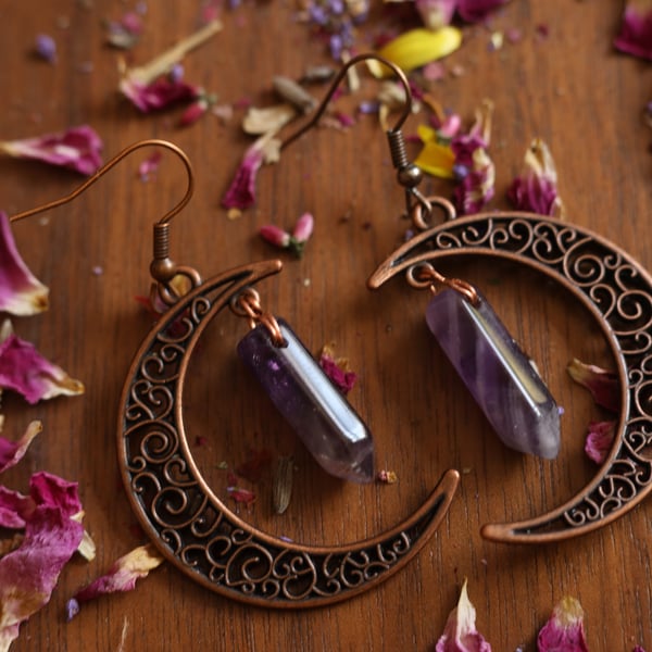  Antique Copper Finish Moon Earrings with Amethyst
