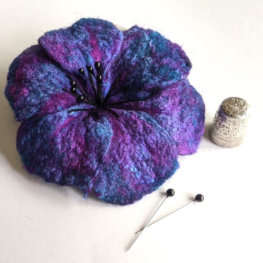 Large felted flower brooch - deep purples and blues.