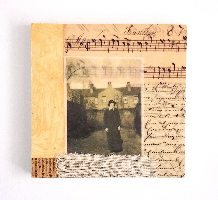 Original Paper & Fabric Collage on Wood Panel, 12x12cms, Free Postage (194)