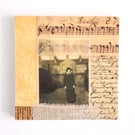 Original Paper & Fabric Collage on Wood Panel, 12x12cms, Free Postage (194)
