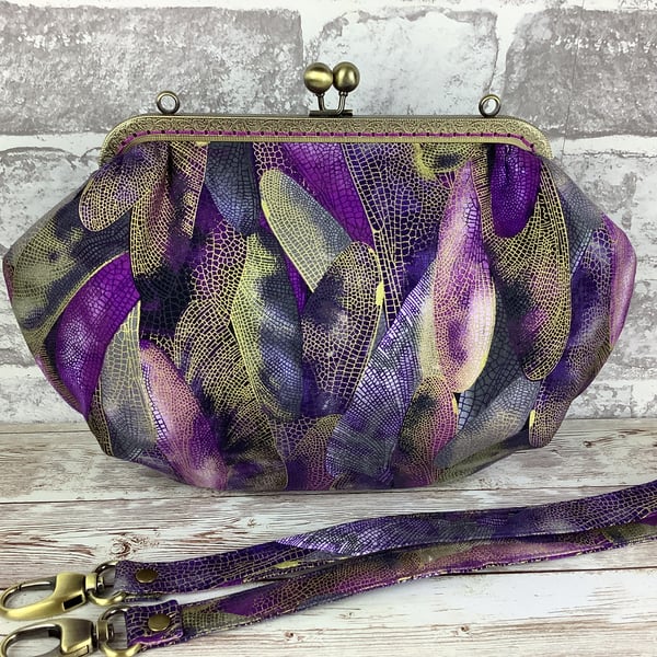 Dragonfly Wings medium fabric frame clutch handbag, Kiss clasp