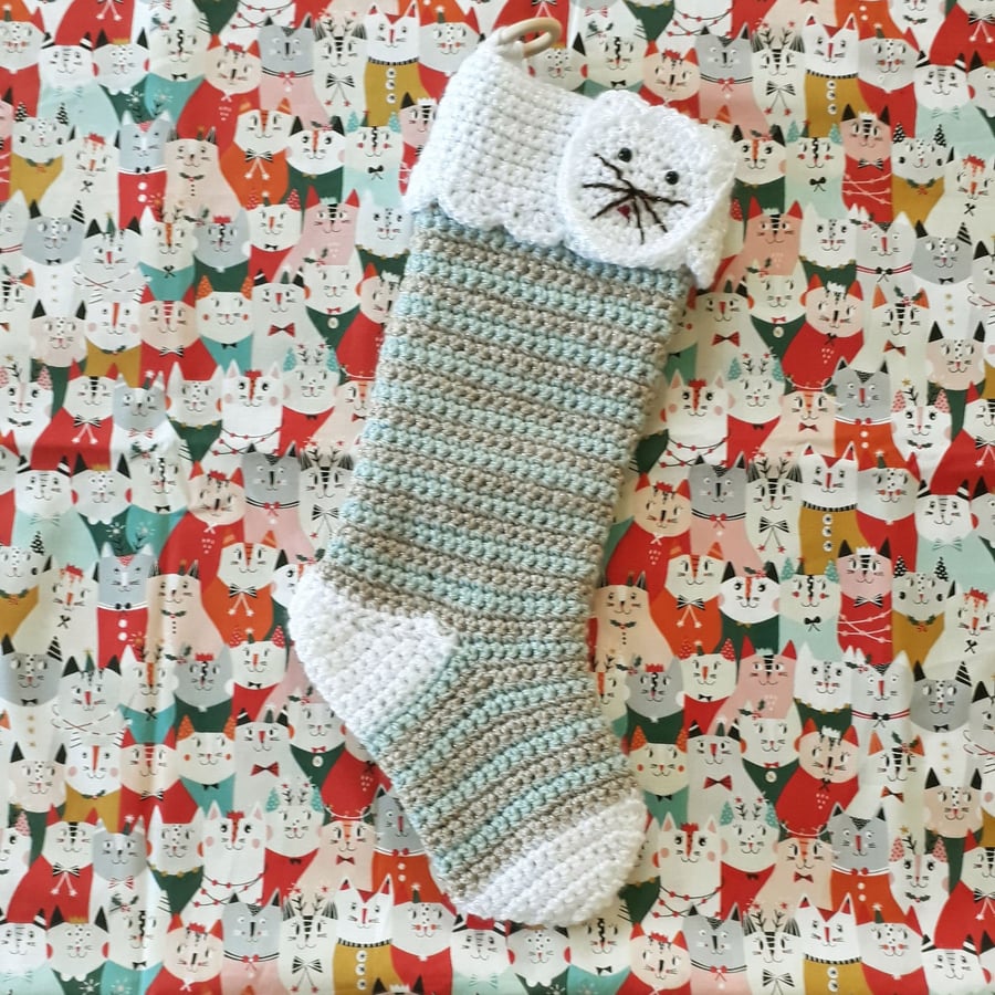 Pet Cat Christmas Stocking in Gold, White and Duck Egg Blue,