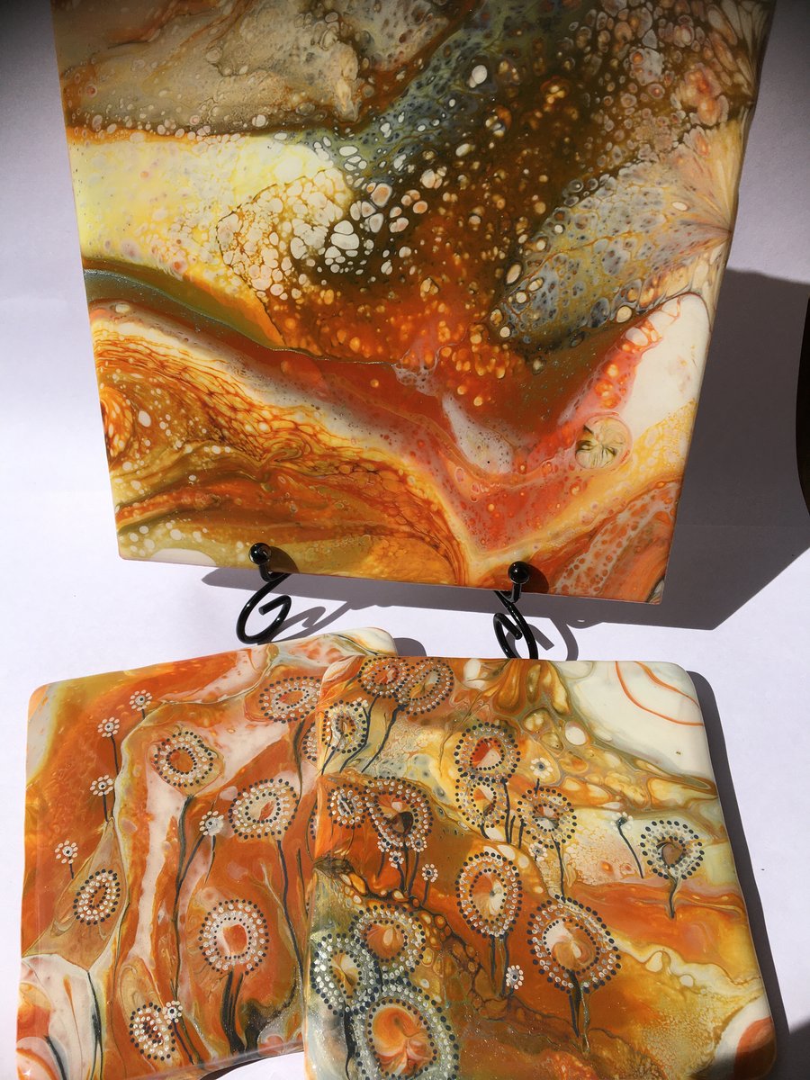 Acrylic pour painting set of 3, resin finished, trivet and 2 coasters 