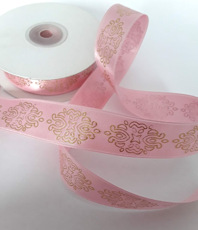 Pink and gold satin ribbon 25 mm x 3 metres 