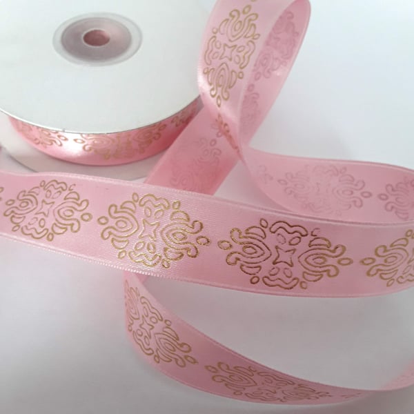 Pink and gold satin ribbon 25 mm x 3 metres 