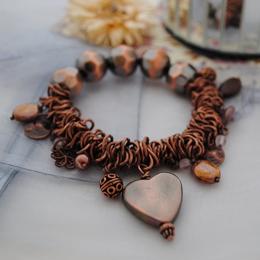 Copper scrunchie stretch charm bracelet