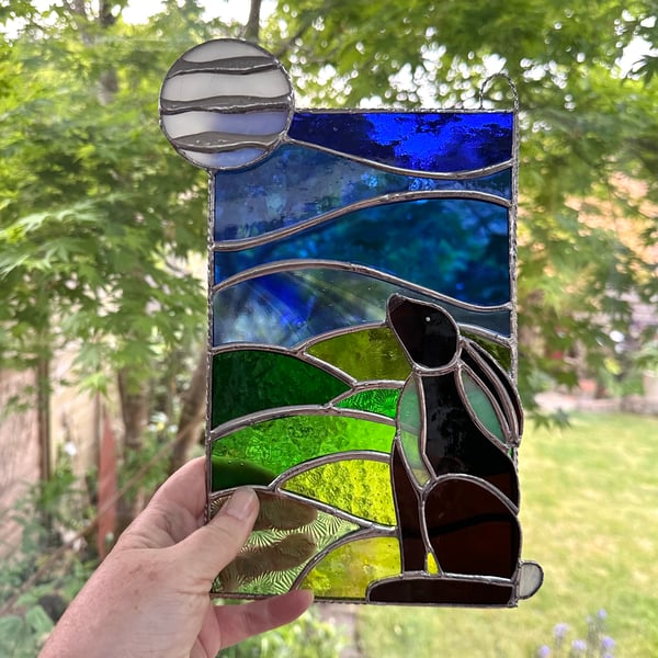Stained Glass Hare Panel - Moon Gazing Hare - Window Decoration