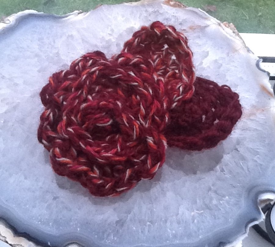 Burgundy Rose Shawl Pin or crocheted Corsage, with Kilt Pin.