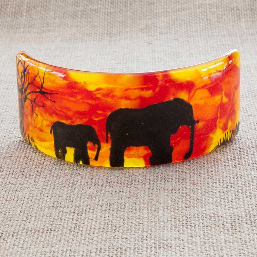 African Elephant Silhouette Freestanding Fused Glass Picture Ornament