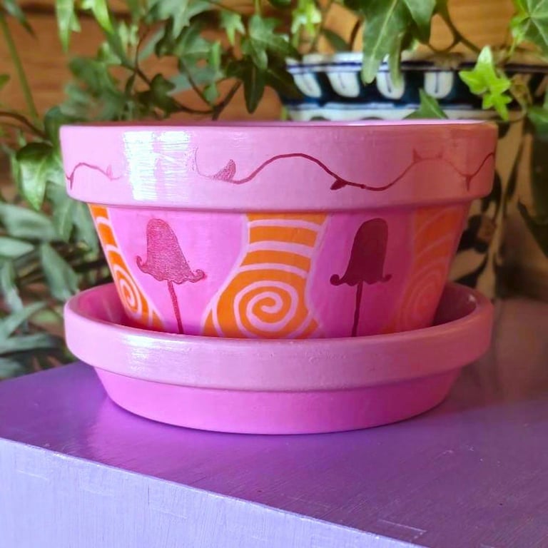 Hand painted funky mushroom plant pot