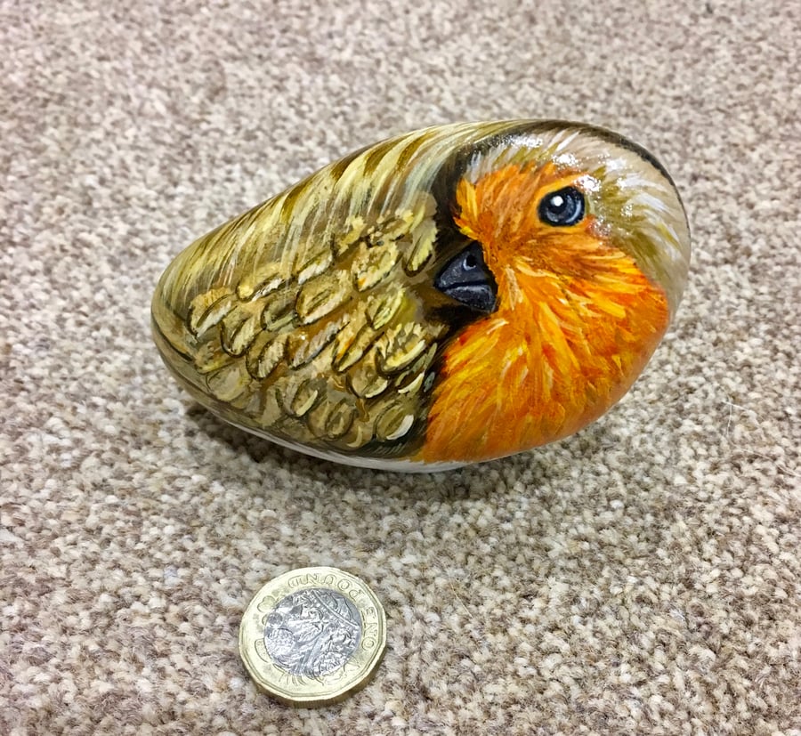 Robin hand painted pebble garden rock art bird wildlife gift 