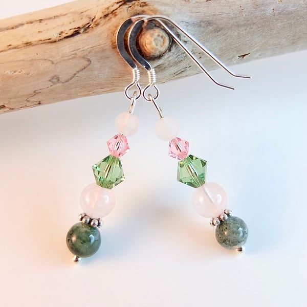 Moss Agate, Rose Quartz And Swarovski Crystal Earrings On Sterling Silver Wires.