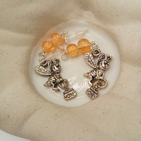 Earrings with Bee with Honey Pot Charm & Honey Coloured Beads, Gift for Her