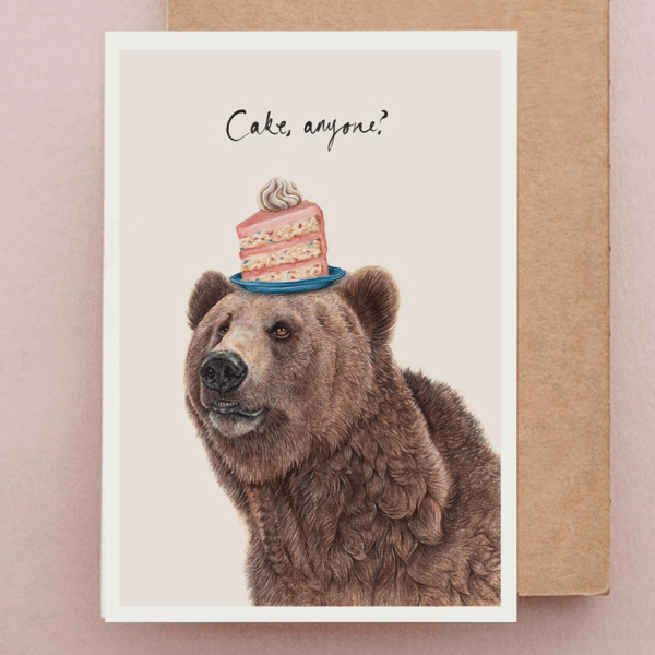 Bear & Cake Birthday card - Grizzly Bear Birthday Card, Sweet Birthday Cake Card