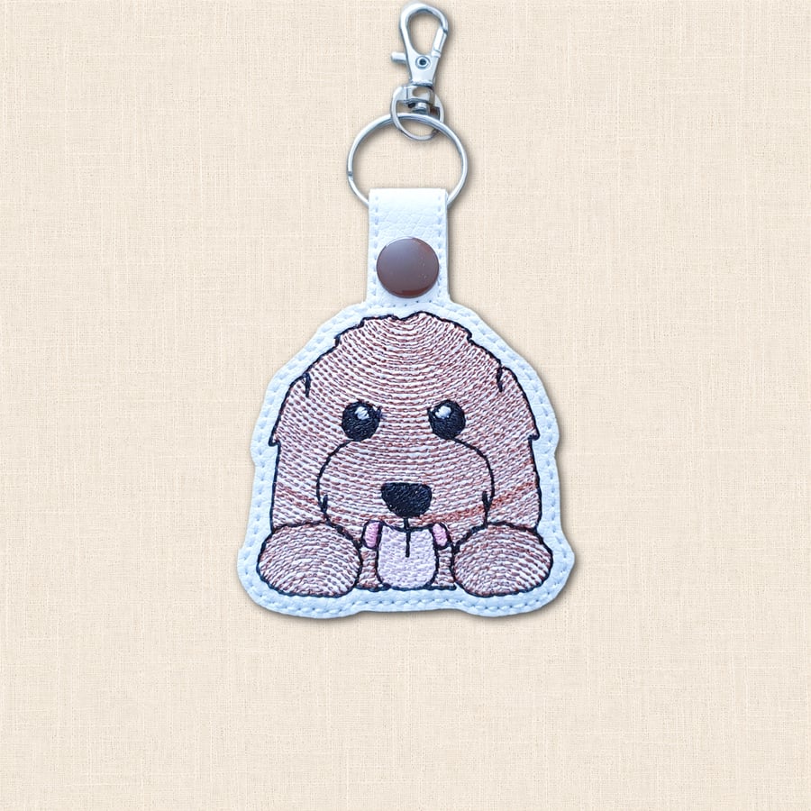 Image of Kawaii Labradoodle Keyring - Embroidered Faux Leather Dog Bag Charm