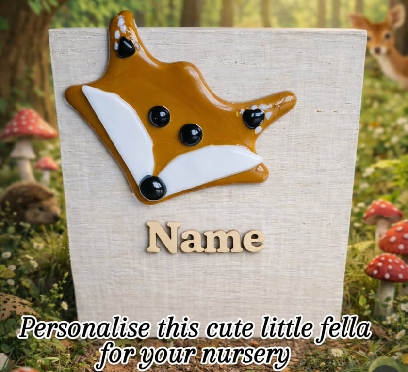 Personalised Fused Glass fox mounted on a chunky block of wood