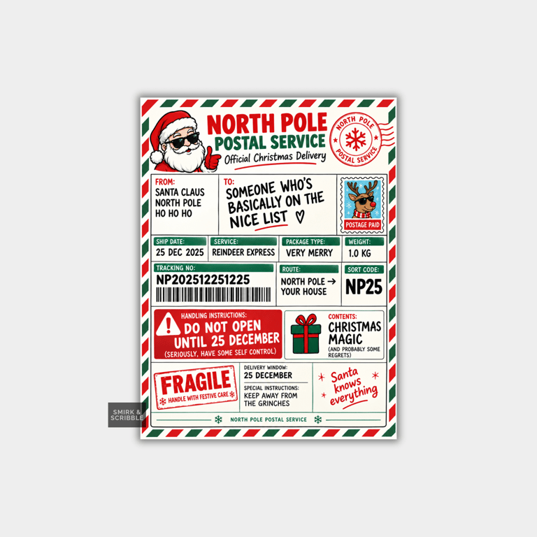Funny Christmas Santa North Pole Shipping Label Gift Tag Stickers 6pk 4x6 inch