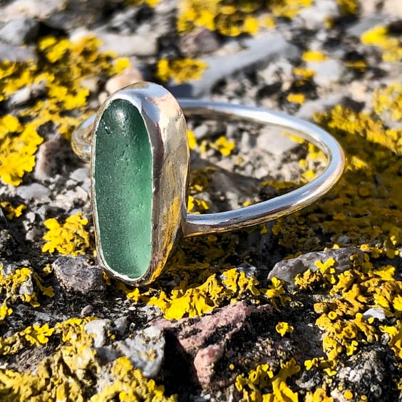 Teal Oblong Twist Sea Glass and Sterling Silver Ring- Size Q  - 1152