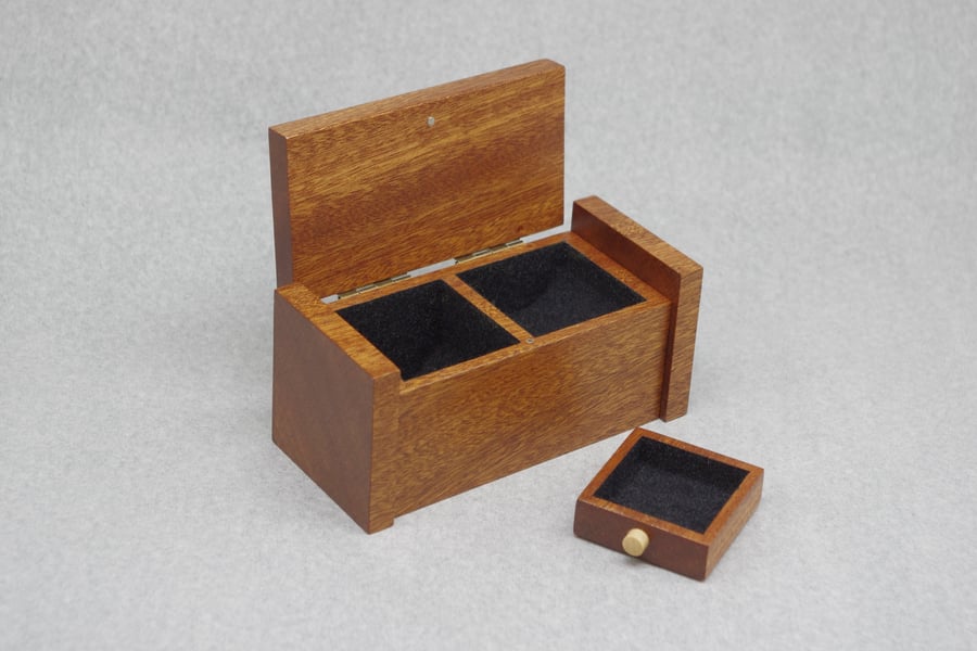 Wooden trinket, ring box with secret drawer. Handmade. African Sapele.