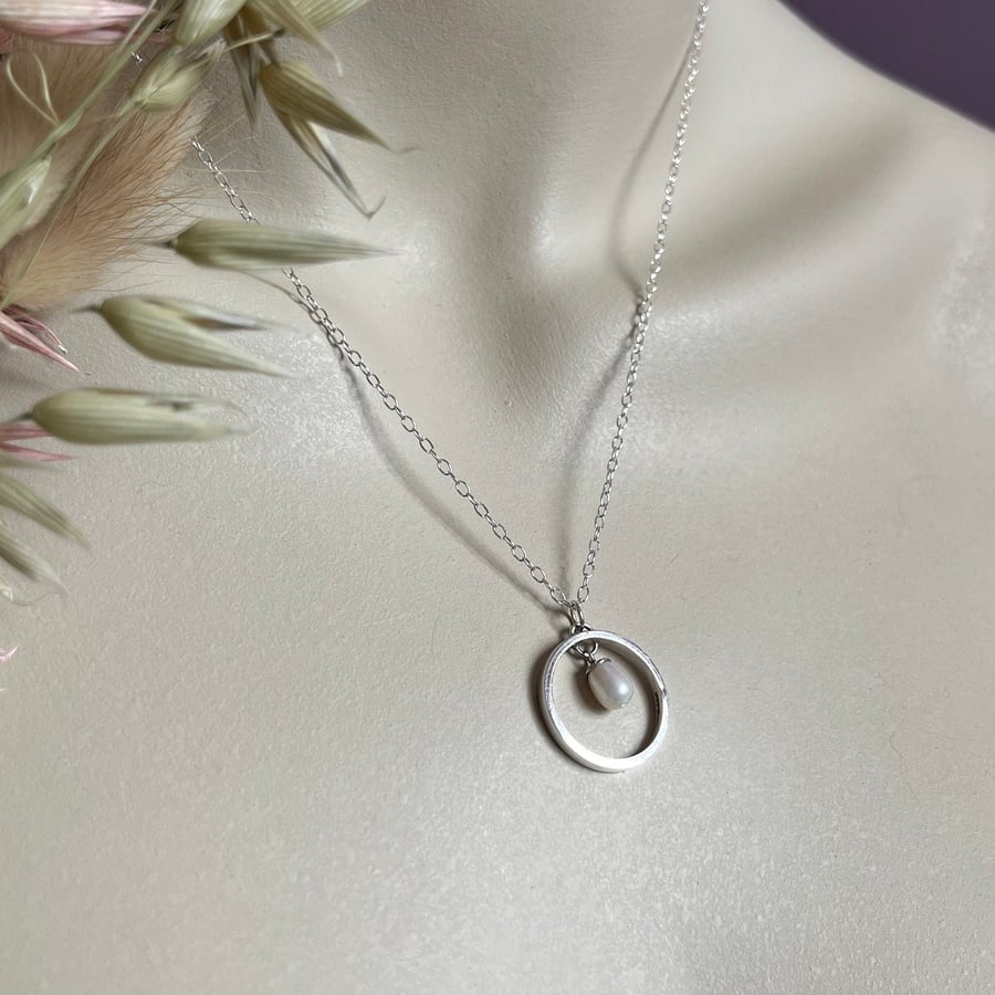 Rice Pearl Hoop Pendant on 18" Trace Chain - Handmade