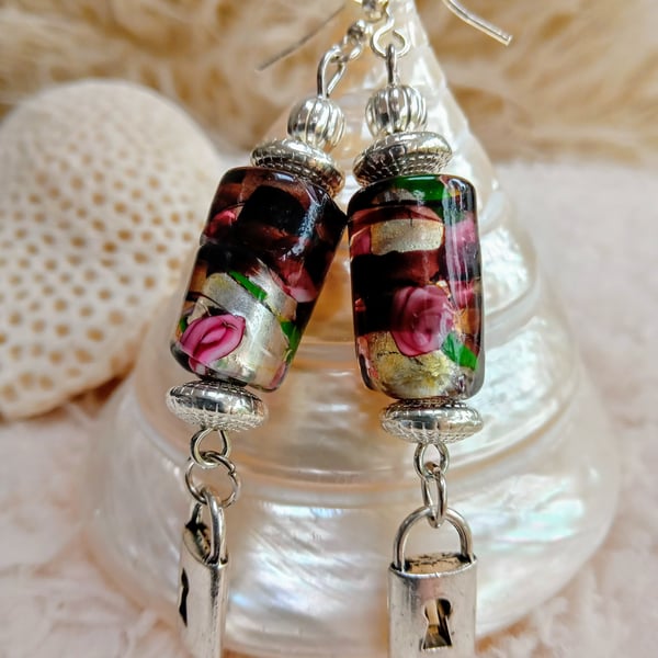 Handmade ABSTRACT FLORAL Lampwork glass with Tibetan silver EARRINGS