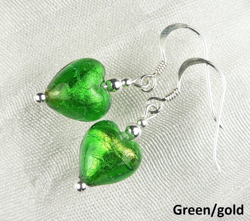 Green Murano glass heart drop earrings, sterling silver, 10mm, in gift box