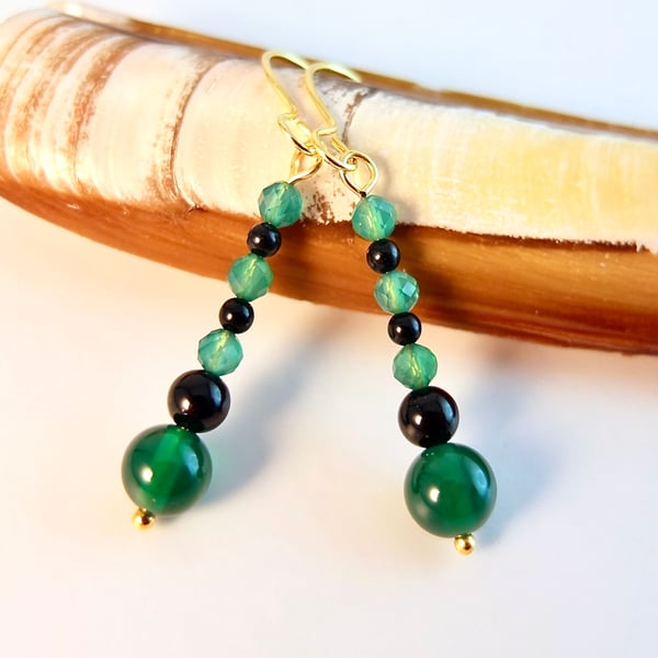 Green Onyx And Black Onyx Earrings - Handmade In Devon