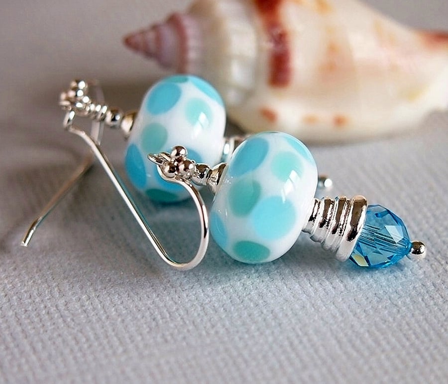 Blue Earrings - Aqua and White Lampwork Glass Beads - Sterling Silver