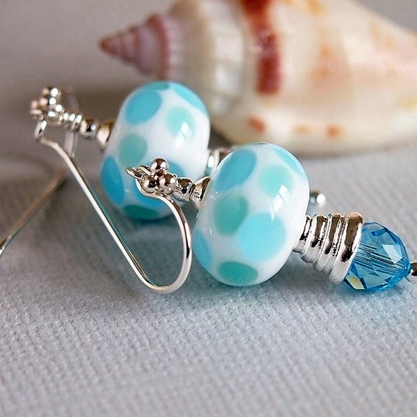 Blue Earrings - Aqua and White Lampwork Glass Beads - Sterling Silver