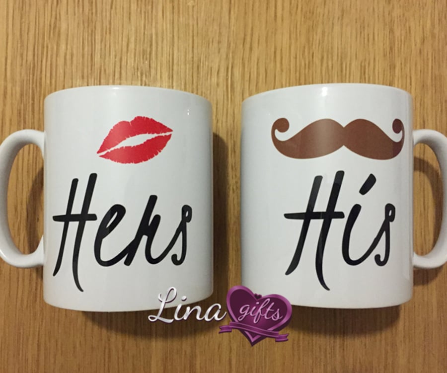 Hers Lips, His Moustache graphics couples white ceramic MUG SET, cup set