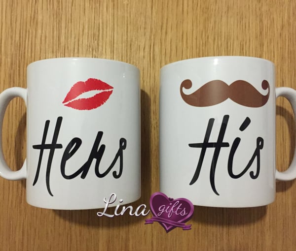 Hers Lips, His Moustache graphics couples white ceramic MUG SET, cup set