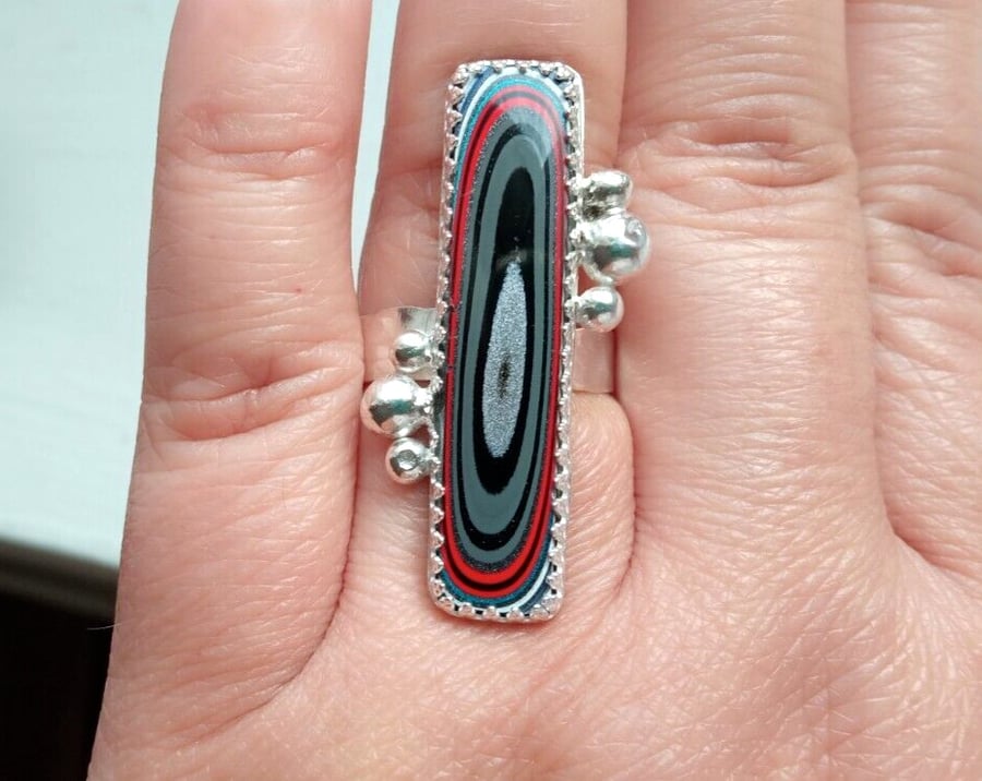Silver Ring Fordite Jewellery Gift Adjustable Rectangle Black Red Sterling .925
