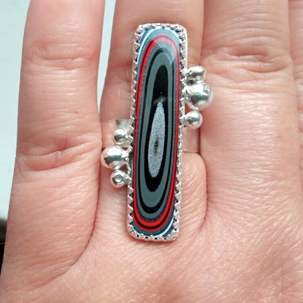 Silver Ring Fordite Jewellery Gift Adjustable Rectangle Black Red Sterling .925