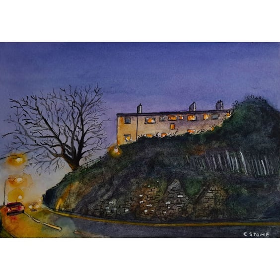 Ford Hill Plymouth at Dusk Original Watercolour and Ink Painting