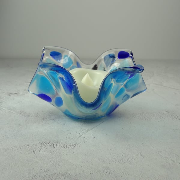 Blue mosaic fused glass tealight holder LED flickering flame battery candle