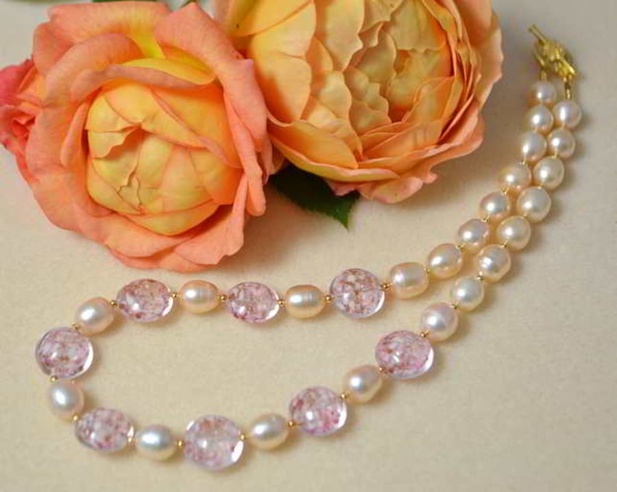 Peach Pearl & Murano Glass Necklace
