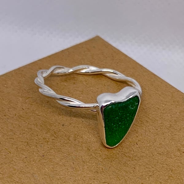 Jade Green Love Heart Sea Glass and Twisted Sterling Silver Ring - Size 0 - 1030