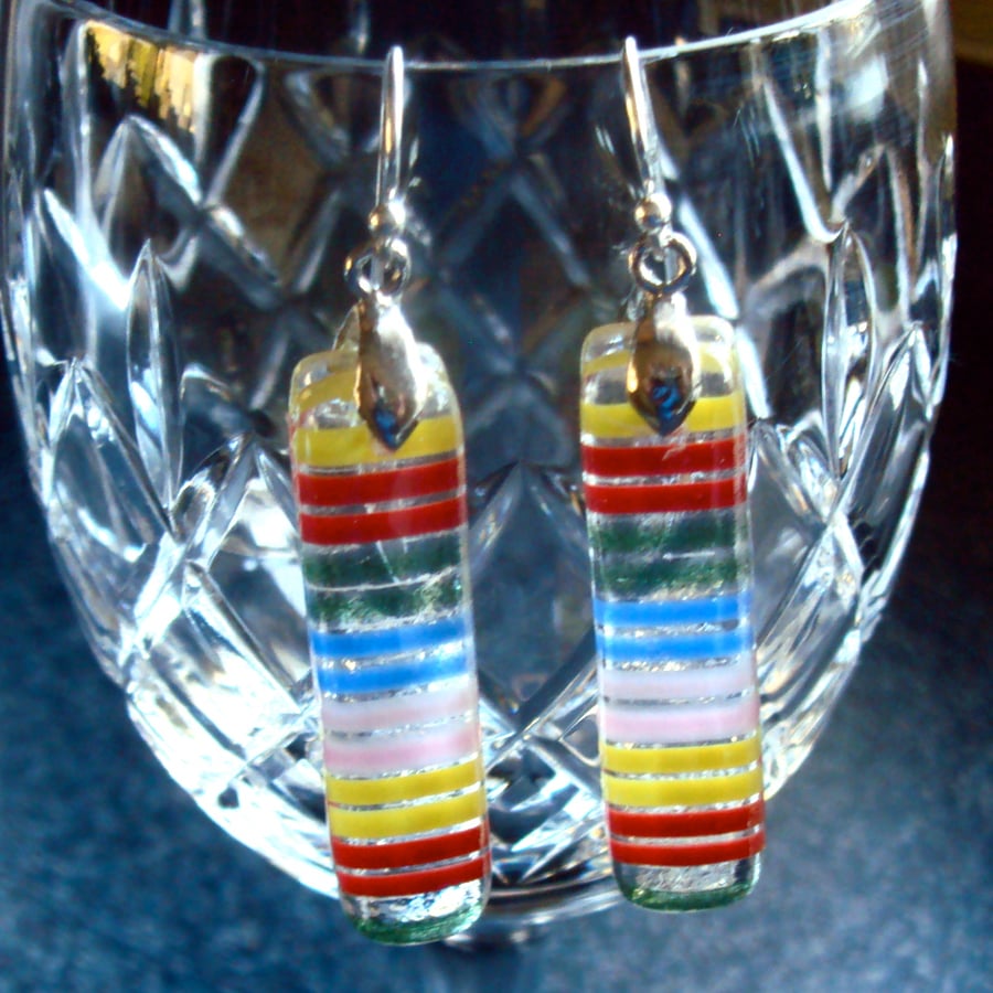 Summery stripey fused glass drop earrings