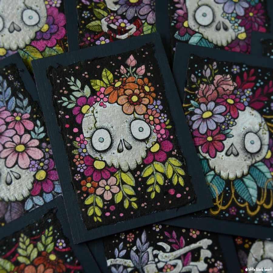 bony botanical skull - original aceo