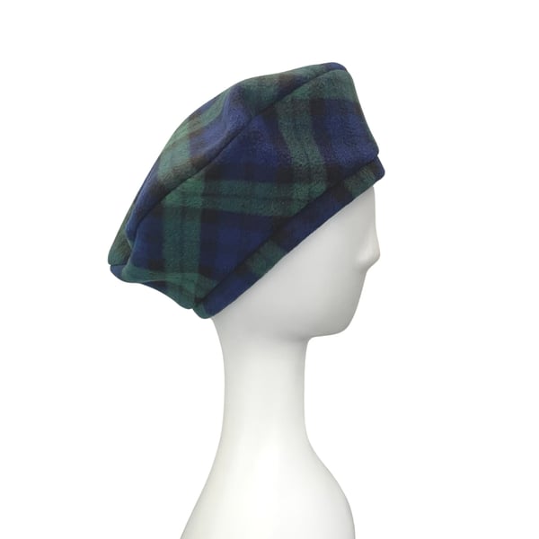 Navy Tartan Fleece Beret Hat Gift for Women Ove. Folksy