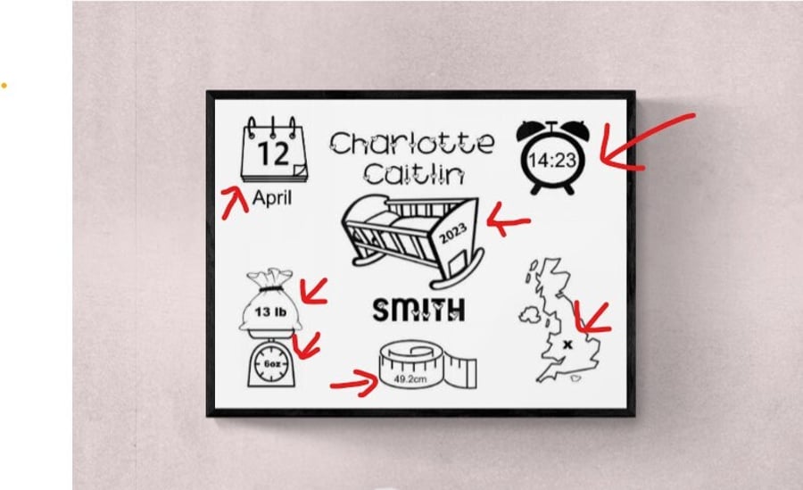 Framed Baby Print with name, date, time, weight and length