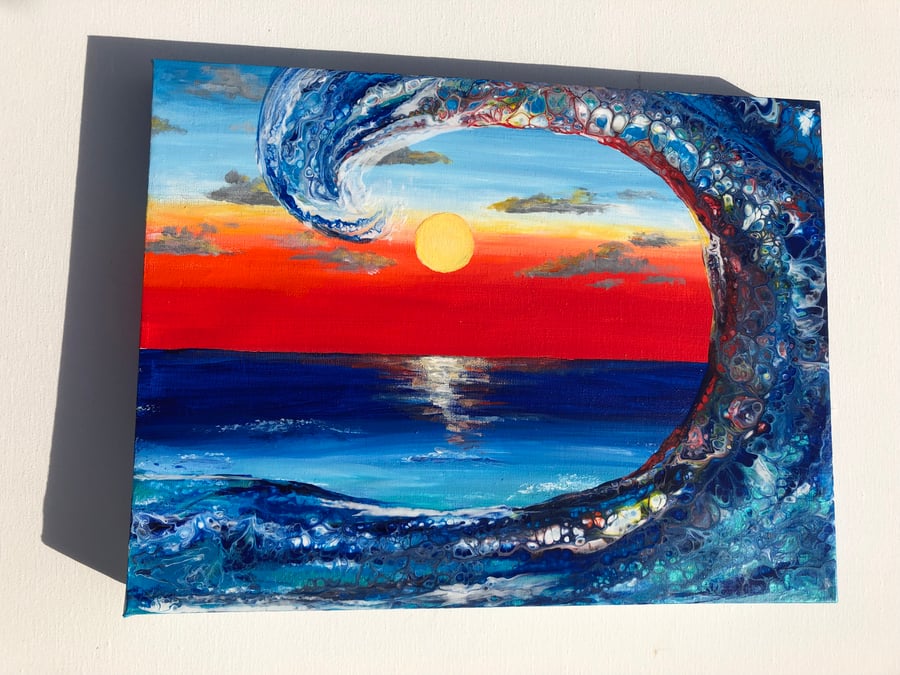 Original acrylic painting, sunset and wave 