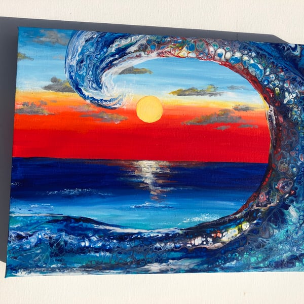 Original acrylic painting, sunset and wave 