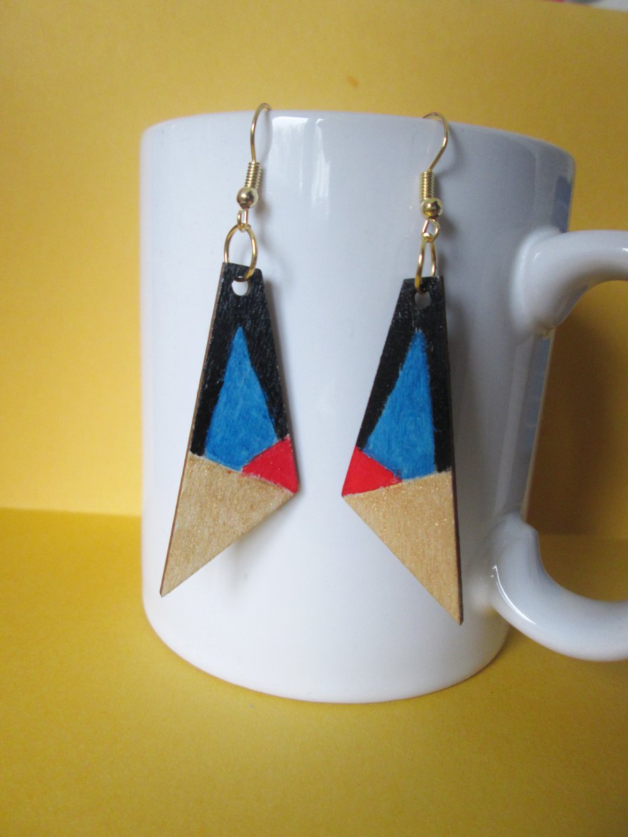 Artdeco hand painted wooden dangle earrings.