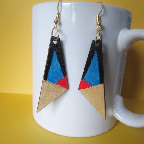 Artdeco hand painted wooden dangle earrings.