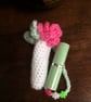 Hand Crocheted Luxury Lipstick Drawstring Pouch Case Holder with Hot Pink Flower - Image 5