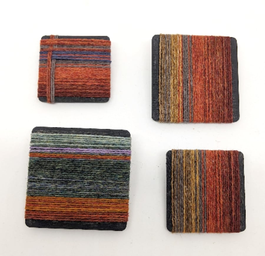 Square wool wrapped brooch in shades of orange autumnals