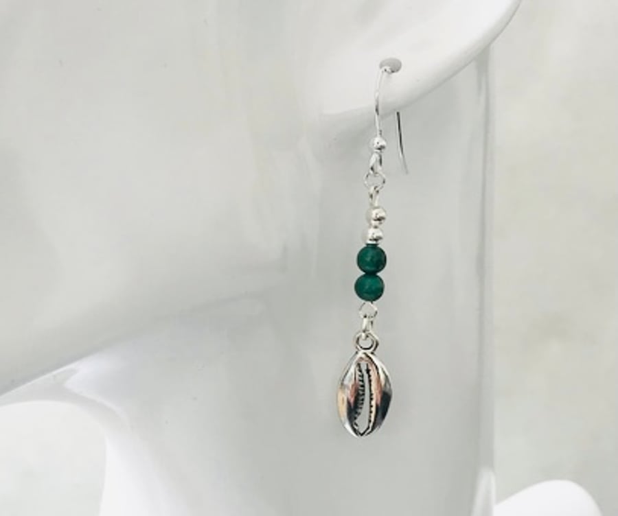 Deep sea green gemstone earrings with silver cowrie shelll charms