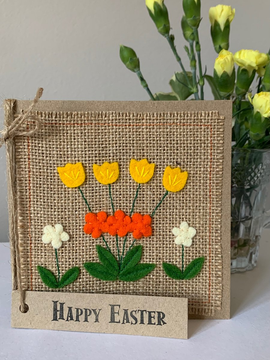 Easter greeting card with orange and yellow flowers. Handmade. Wool felt.
