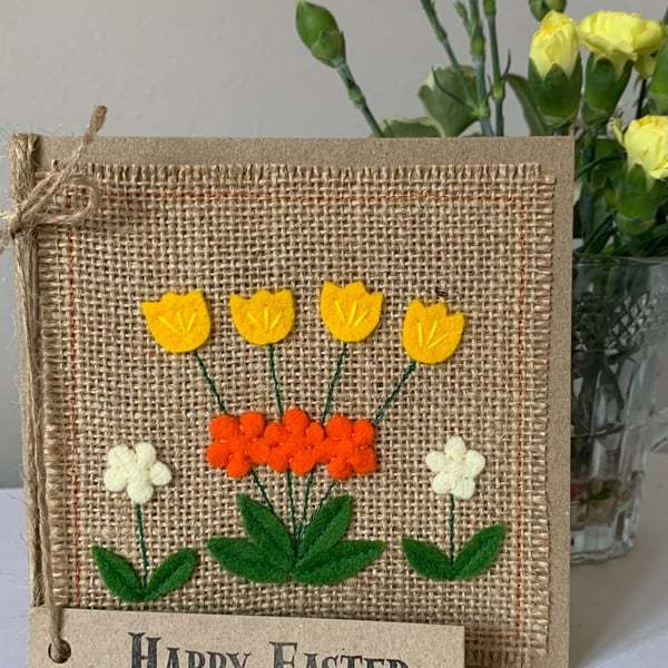 Easter greeting card with orange and yellow flowers. Handmade. Wool felt.